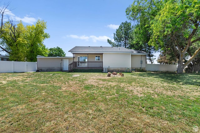 2234 W 300 N, West Point, UT 84015 - back of property with a wooden deck, a fire pit, and a fenced backyard