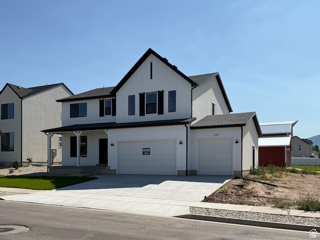 274 N 825 W, Clearfield, UT 84015 - modern inspired farmhouse featuring covered porch, concrete driveway, a garage, an attached garage, and roof with shingles