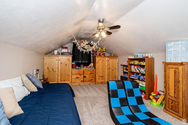 3520 W 2600 N, Plain City, UT 84404 - bedroom with a textured ceiling, carpet flooring, lofted ceiling, and a ceiling fan