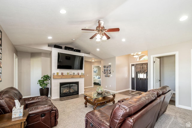 3520 W 2600 N, Plain City, UT 84404 - living room with ceiling fan, recessed lighting, a fireplace, vaulted ceiling, and light colored carpet