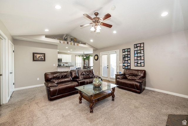 3520 W 2600 N, Plain City, UT 84404 - living area featuring light carpet, ceiling fan, vaulted ceiling, recessed lighting, and french doors