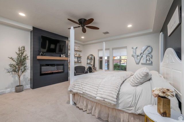 2979 E 3610th Cir S, St George, UT 84790 - bedroom featuring carpet floors, recessed lighting, a large fireplace, and ceiling fan