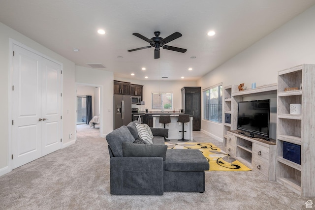 2979 E 3610th Cir S, St George, UT 84790 - living room with a ceiling fan, light colored carpet, and recessed lighting
