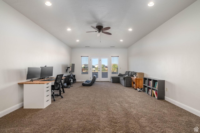 2979 E 3610th Cir S, St George, UT 84790 - office area featuring carpet floors, a ceiling fan, recessed lighting, and lofted ceiling