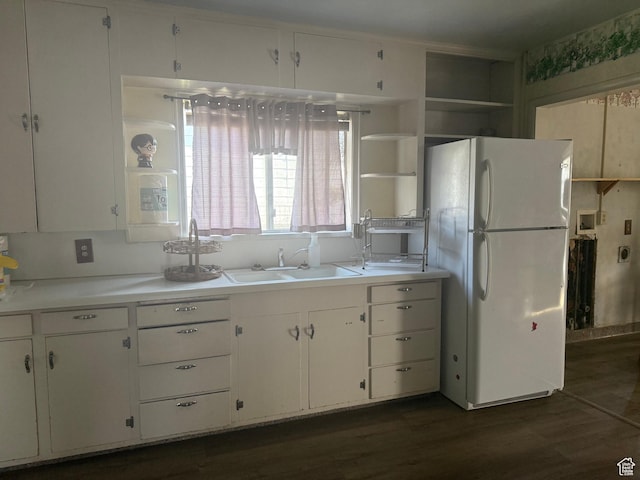 286 Duchesne St, Helper, UT 84526 - kitchen featuring freestanding refrigerator, white cabinetry, open shelves, dark wood-style flooring, and light countertops