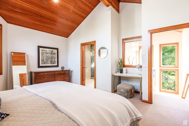 7560 Ridge Dr Unit 10, Park City, UT 84060 - bedroom featuring wooden ceiling, carpet, high vaulted ceiling, and ensuite bath