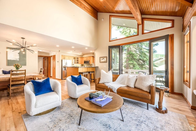 7560 Ridge Dr Unit 10, Park City, UT 84060 - living area with a wooden ceiling with exposed beams, light wood-type flooring, a chandelier, and a high ceiling