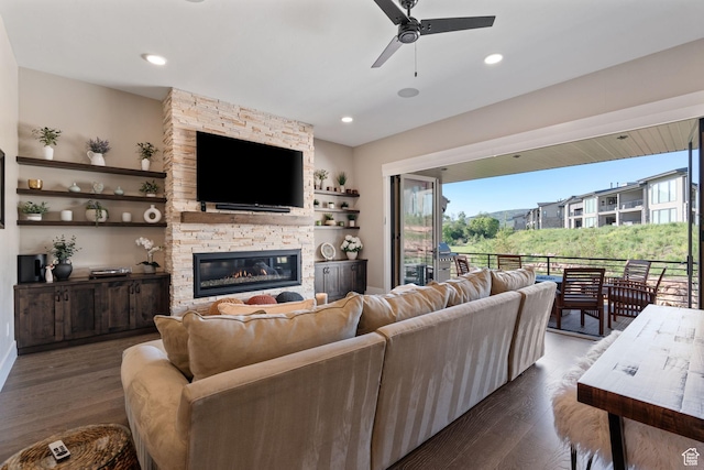 11422 N Vantage Ln Unit 69, Hideout, UT 84036 - living area with a ceiling fan, dark wood-style flooring, a fireplace, and recessed lighting