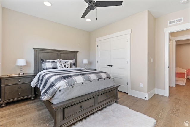 11422 N Vantage Ln Unit 69, Hideout, UT 84036 - bedroom with light wood-style flooring, a closet, recessed lighting, and ceiling fan