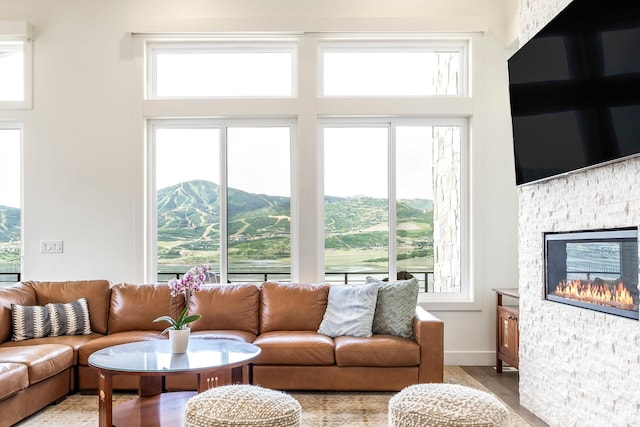 11795 N Star Gazer Cir, Hideout, UT 84036 - living room featuring light wood-style flooring, a fireplace, and a mountain view