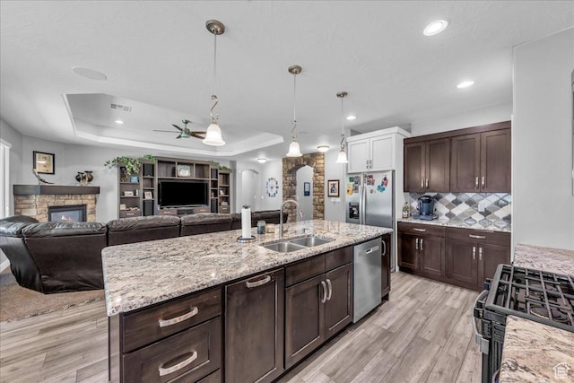 2644 E 3800 S, St George, UT 84790 - kitchen with stainless steel appliances, a ceiling fan, light wood-style flooring, a raised ceiling, and dark brown cabinetry