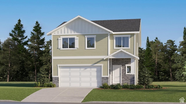 1813 E Bison Dr N Unit B213, Eagle Mountain, UT 84005 - view of front of home featuring stone siding, board and batten siding, a front lawn, and concrete driveway