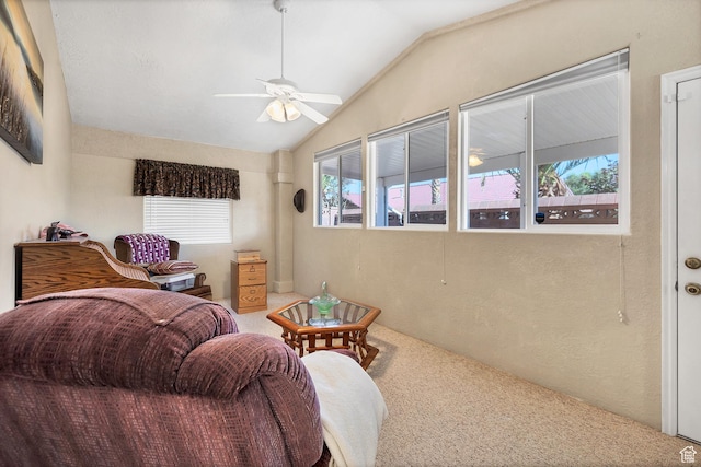 3430 Red Butte Dr, Santa Clara, UT 84765 - living room with carpet, ceiling fan, and vaulted ceiling