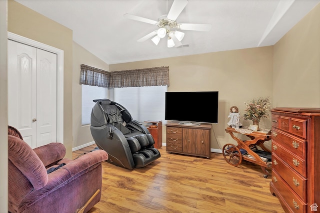 3430 Red Butte Dr, Santa Clara, UT 84765 - living room featuring ceiling fan, lofted ceiling, and light wood-style flooring
