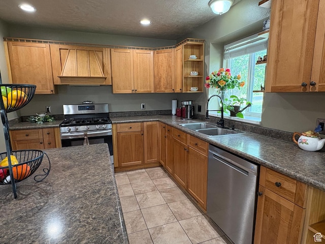 332 W Hillside S, Saratoga Springs, UT 84045 - kitchen with appliances with stainless steel finishes, custom exhaust hood, dark countertops, recessed lighting, and a textured ceiling