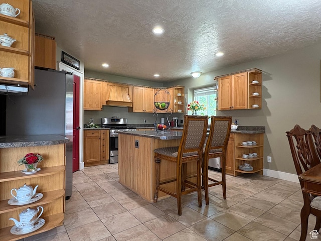 332 W Hillside S, Saratoga Springs, UT 84045 - kitchen featuring open shelves, stainless steel appliances, dark countertops, a textured ceiling, and recessed lighting