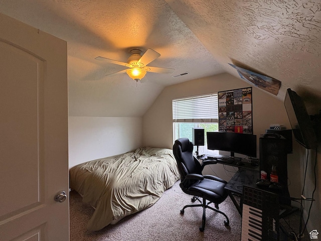332 W Hillside S, Saratoga Springs, UT 84045 - carpeted bedroom with lofted ceiling, a textured ceiling, an office area, and a ceiling fan
