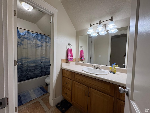 332 W Hillside S, Saratoga Springs, UT 84045 - full bath featuring vaulted ceiling, vanity, tile patterned flooring, a textured ceiling, and shower / tub combo with curtain