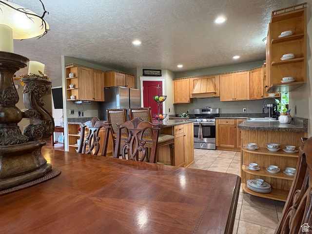 332 W Hillside S, Saratoga Springs, UT 84045 - kitchen featuring open shelves, stainless steel appliances, premium range hood, dark countertops, and recessed lighting