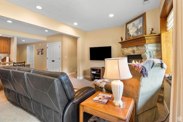 14599 S Chaumont Ct, Draper, UT 84020 - living room with light carpet, recessed lighting, and a fireplace