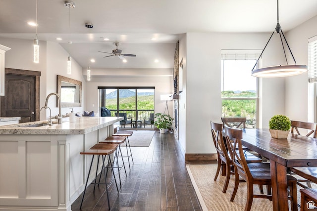 1161 W Wintercress Trl W Unit 27F, Kamas, UT 84036 - kitchen with open floor plan, a ceiling fan, dark wood finished floors, light stone countertops, and white cabinets