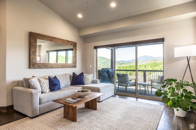 1161 W Wintercress Trl W Unit 27F, Kamas, UT 84036 - living room with wood finished floors, vaulted ceiling, recessed lighting, and a mountain view