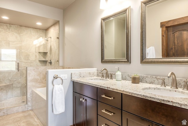 1161 W Wintercress Trl W Unit 27F, Kamas, UT 84036 - full bathroom featuring a shower stall, double vanity, a bath, and recessed lighting