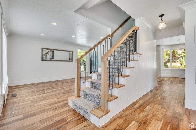 1040 E 900 N, Orem, UT 84097 - stairs with ornamental molding, wood finished floors, and recessed lighting