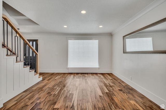 1040 E 900 N, Orem, UT 84097 - unfurnished living room with plenty of natural light, wood finished floors, crown molding, stairs, and recessed lighting