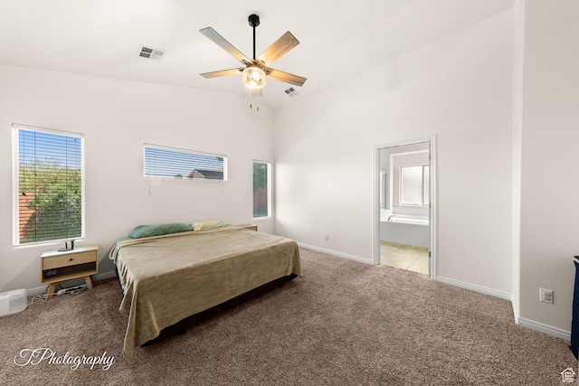 2640 W 200 N, Hurricane, UT 84737 - carpeted bedroom featuring lofted ceiling, connected bathroom, and a ceiling fan