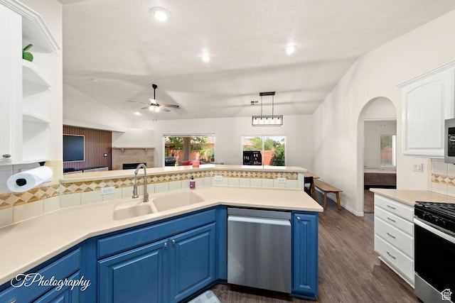 2640 W 200 N, Hurricane, UT 84737 - kitchen with appliances with stainless steel finishes, blue cabinetry, decorative backsplash, a ceiling fan, and vaulted ceiling