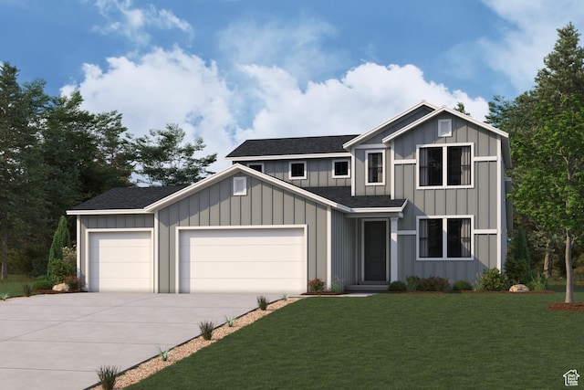 5133 N Lukes St Unit 186, Eagle Mountain, UT 84005 - view of front of house with board and batten siding, driveway, an attached garage, roof with shingles, and a front yard