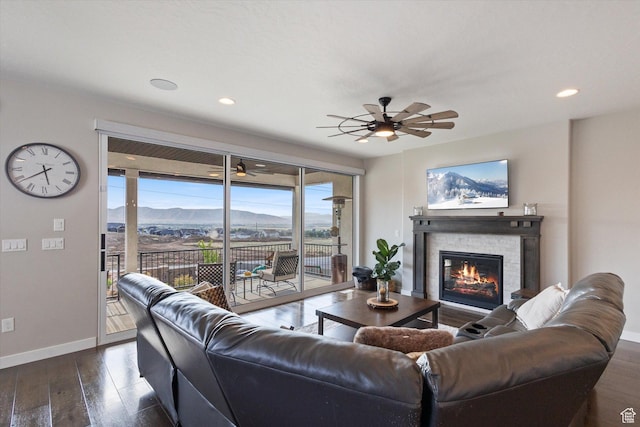 1414 S 790 E, Salem, UT 84653 - living room with healthy amount of natural light, ceiling fan, a stone fireplace, recessed lighting, and dark wood-style floors