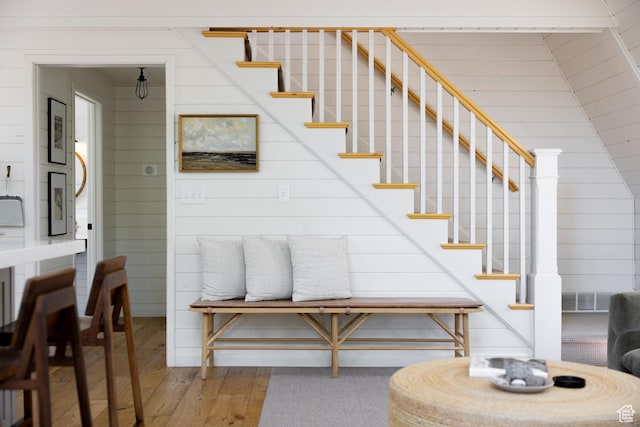 7630 Lake Creek Rd, Heber City, UT 84032 - stairway with hardwood / wood-style floors and wood walls