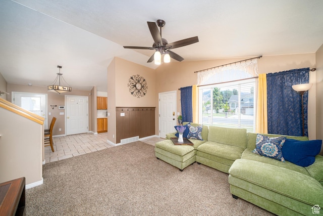 2891 S 600 W, Nibley, UT 84321 - living room featuring carpet flooring, a ceiling fan, and vaulted ceiling