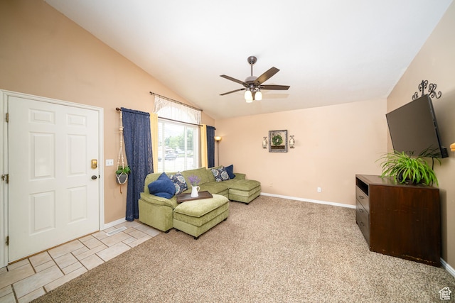 2891 S 600 W, Nibley, UT 84321 - living room featuring ceiling fan, lofted ceiling, and light colored carpet
