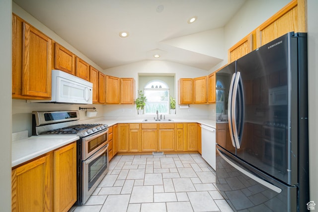 2891 S 600 W, Nibley, UT 84321 - kitchen featuring white appliances, recessed lighting, lofted ceiling, and light countertops