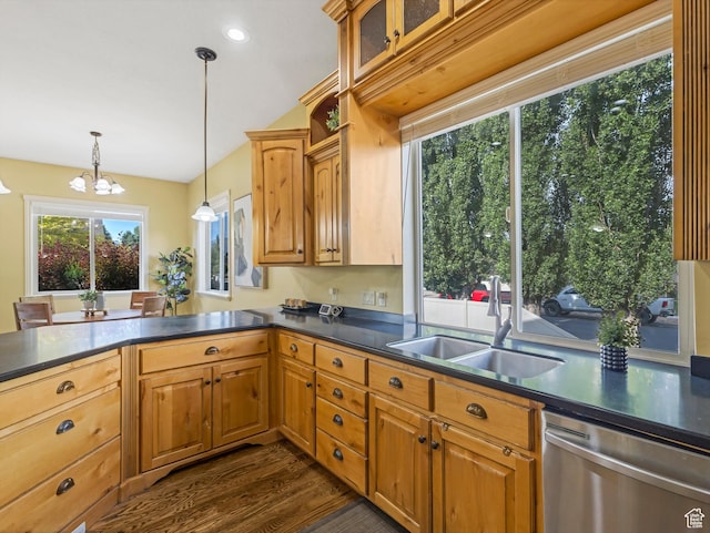 385 W Riverside Ln, Spanish Fork, UT 84660 - kitchen with stainless steel dishwasher, dark countertops, dark wood-type flooring, a chandelier, and recessed lighting
