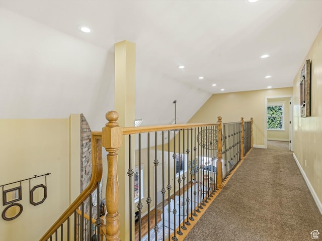 385 W Riverside Ln, Spanish Fork, UT 84660 - corridor with recessed lighting, lofted ceiling, carpet floors, and an upstairs landing