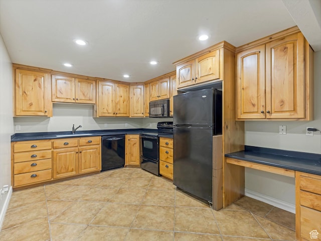 385 W Riverside Ln, Spanish Fork, UT 84660 - kitchen with black appliances, dark countertops, recessed lighting, and light tile patterned floors