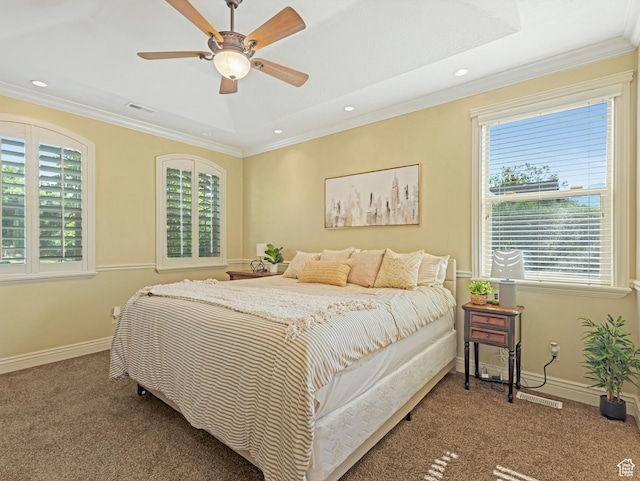 385 W Riverside Ln, Spanish Fork, UT 84660 - bedroom featuring crown molding, carpet floors, recessed lighting, and ceiling fan