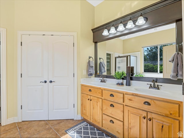385 W Riverside Ln, Spanish Fork, UT 84660 - full bath with tile patterned floors, double vanity, and a shower stall