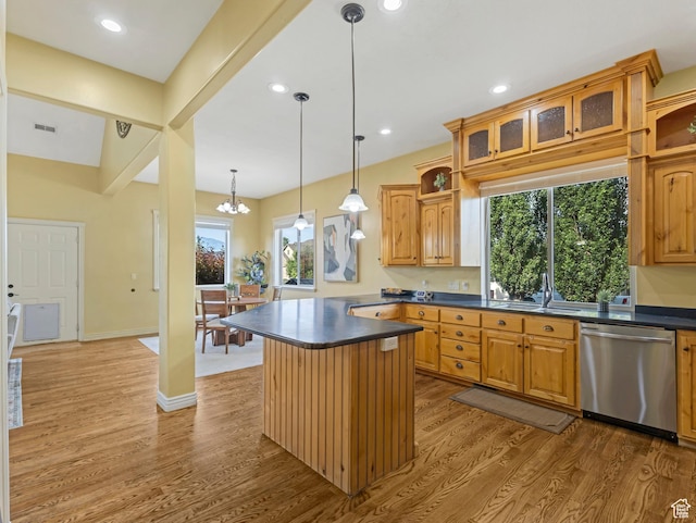 385 W Riverside Ln, Spanish Fork, UT 84660 - kitchen featuring stainless steel dishwasher, dark countertops, wood finished floors, glass insert cabinets, and recessed lighting