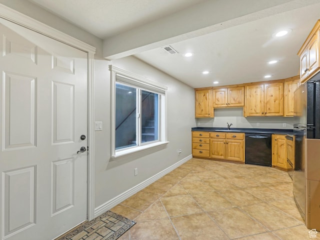 385 W Riverside Ln, Spanish Fork, UT 84660 - kitchen with black dishwasher, dark countertops, recessed lighting, and light tile patterned floors