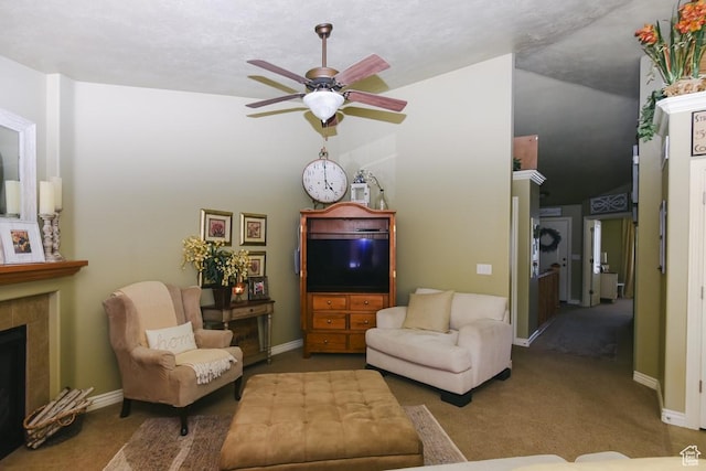 615 W 850 N, Tooele, UT 84074 - carpeted living room featuring ceiling fan and a tiled fireplace
