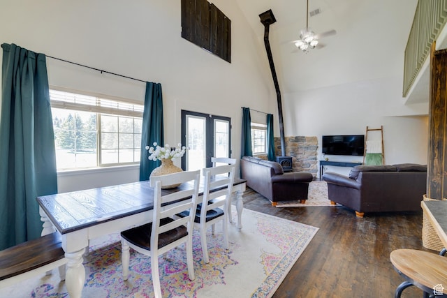 2599 S Foxridge Rd, Garden City, UT 84028 - dining space with high vaulted ceiling, dark wood-style flooring, and a ceiling fan