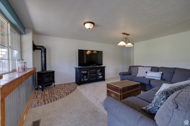 2599 S Foxridge Rd, Garden City, UT 84028 - carpeted living area featuring a wood stove and a textured ceiling
