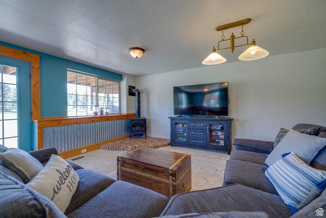 2599 S Foxridge Rd, Garden City, UT 84028 - carpeted living area with a wood stove, plenty of natural light, and a textured ceiling