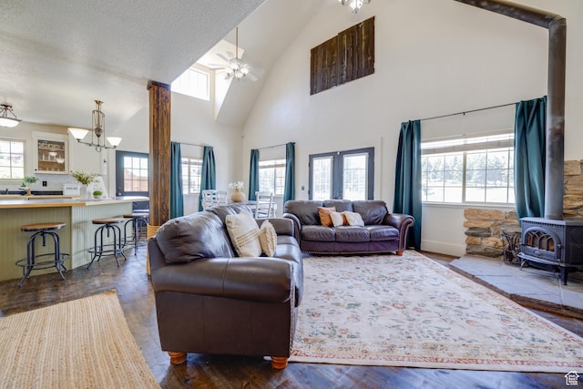2599 S Foxridge Rd, Garden City, UT 84028 - living area featuring a chandelier, plenty of natural light, a wood stove, high vaulted ceiling, and dark wood-style flooring