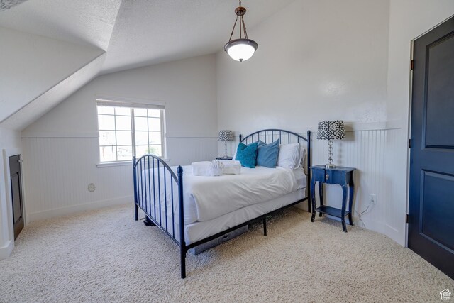 2599 S Foxridge Rd, Garden City, UT 84028 - bedroom with vaulted ceiling, carpet flooring, and a wainscoted wall